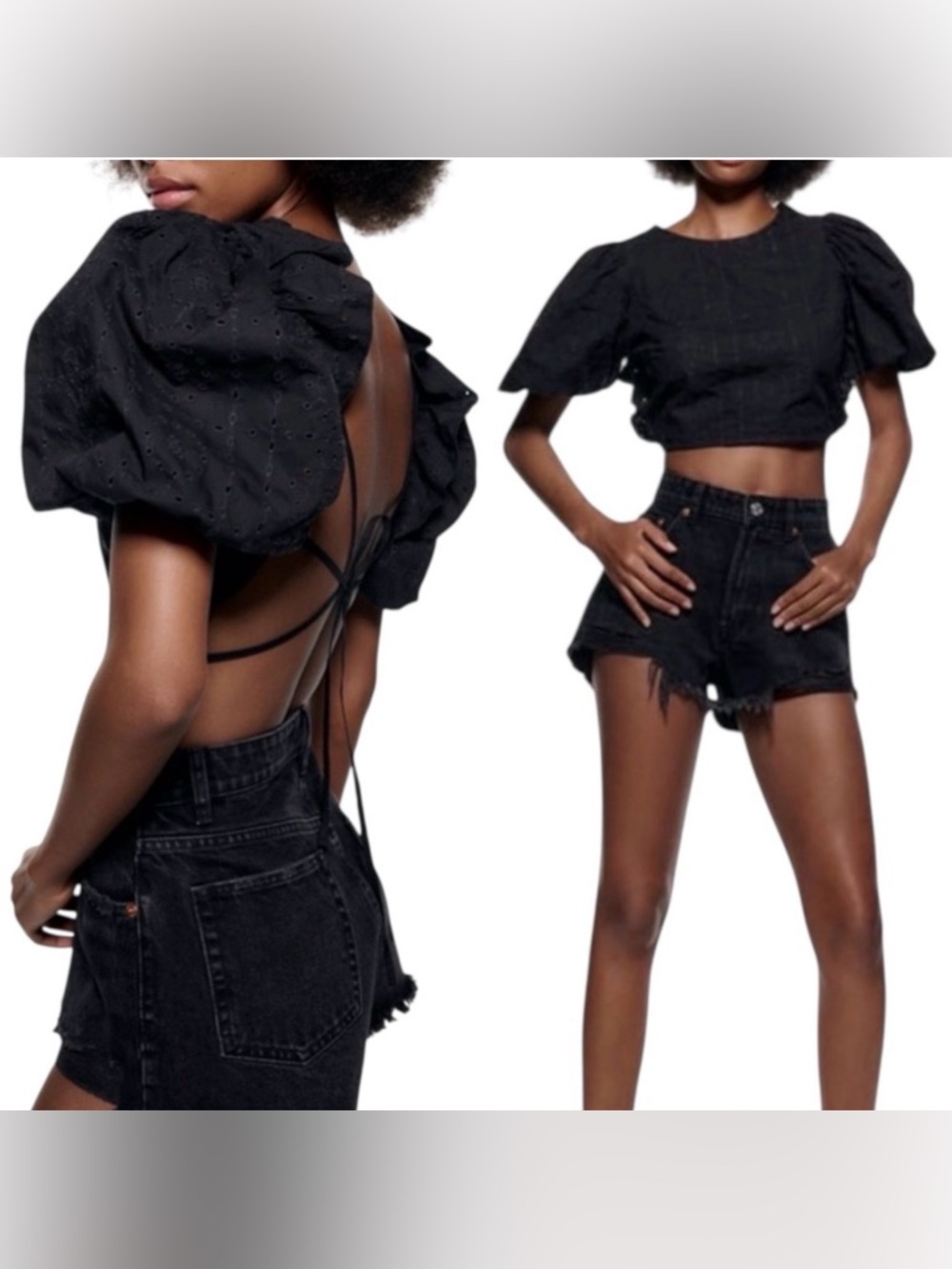 NWT Zara Black Embroidered Eyelet Ruffle Back Strappy Puff Sleeve Crop Top